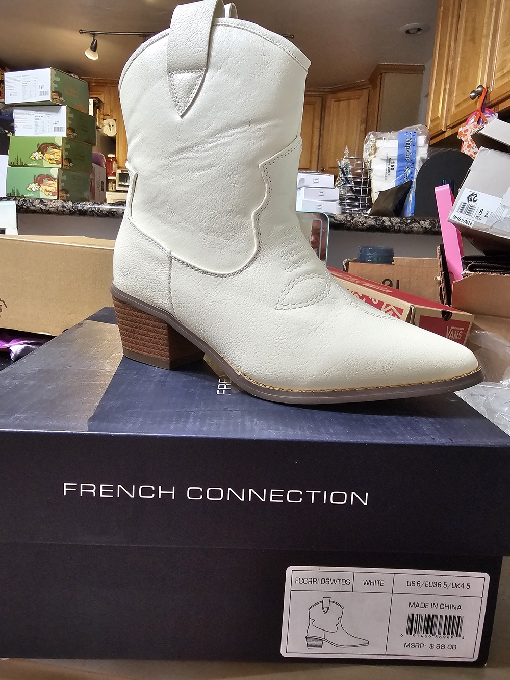French Connection Ivory Western Ankle Boots with Stacked Heel